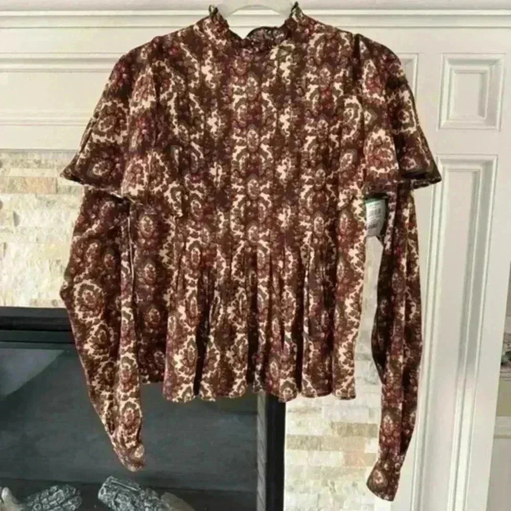 ByTiMo Floral Mock Neck Blouse NWT Mockneck Cuff Sleeve Frill Blouse Size Small